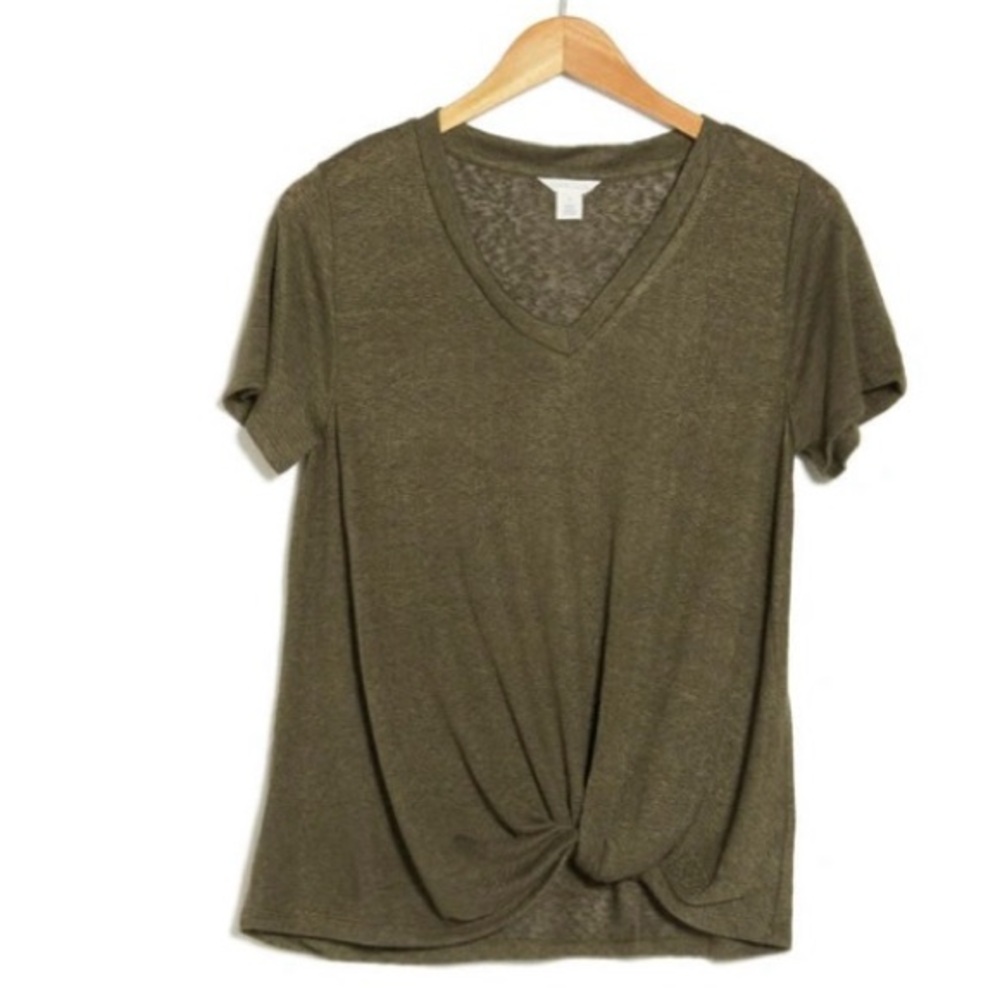 Caslon Olive Short Sleeve Twist Hem V-Neck Tee